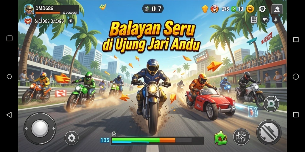 Screenshot gameplay DMD686 menunjukkan mobil balap melintasi trek yang indah.