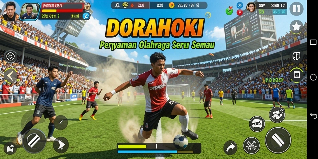 Tangkapan layar gameplay DORAHOKI menampilkan aksi olahraga yang mendebarkan.