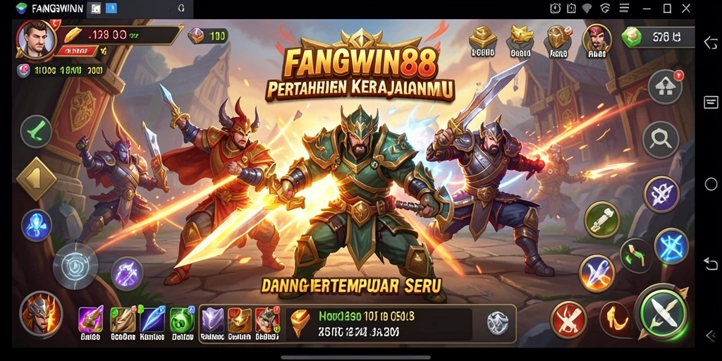 Screenshot gameplay FANGWIN88 menampilkan menara dan musuh yang beragam.