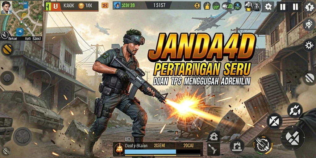 Tampilan screenshot <strong>JANDA4D</strong> menunjukkan aksi pertempuran yang mendebarkan di dunia TPS.