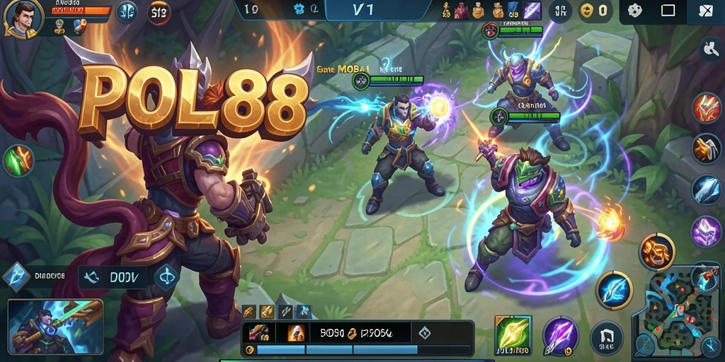 Tampilan gameplay dinamis dalam POL88 yang menggambarkan aksi MOBA seru.