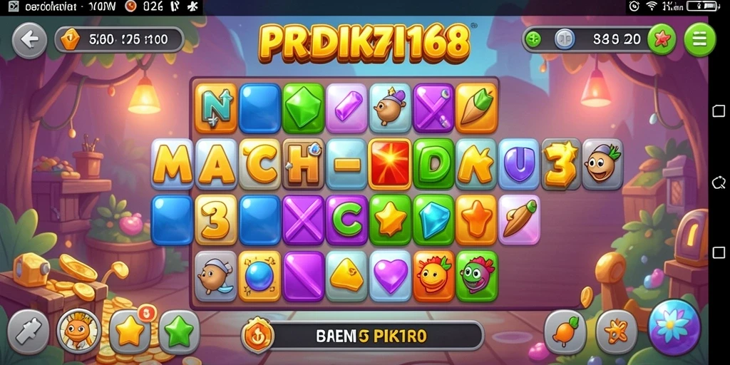 Screenshot PREDIKSI168 menampilkan gameplay Match-3 yang seru dan penuh warna.