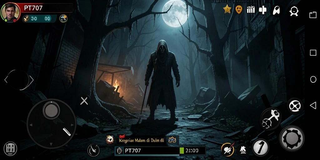 Tampilan gameplay menegangkan dari PT707 saat menjelajahi rumah berhantu.