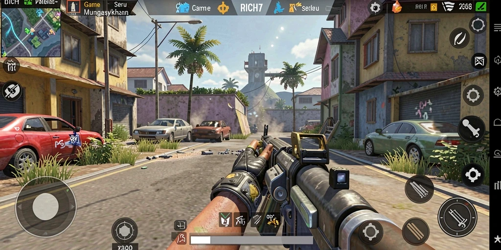 Screenshot gameplay RICH7 menampilkan aksi tembak-menembak yang intens.